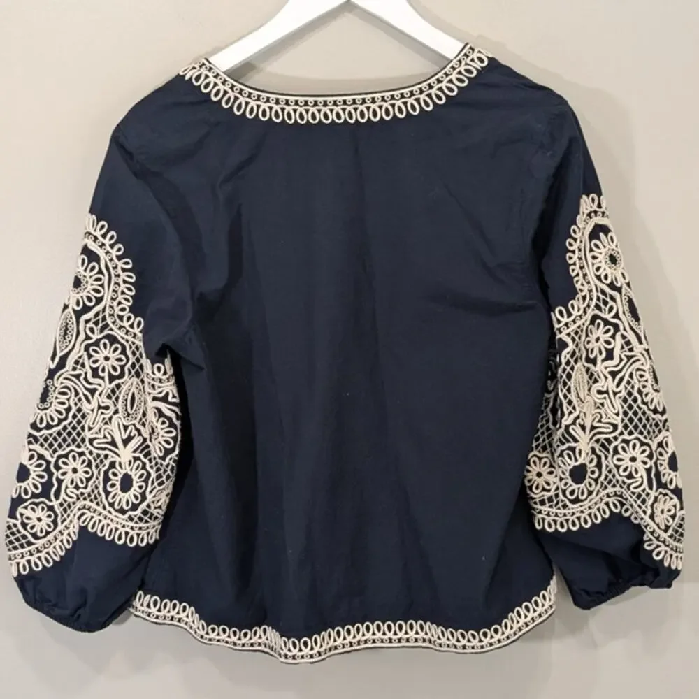J Jill Linen Jacket Navy Cream Crochet Embroidery Boxy Boho Lagenlook Cardigan S